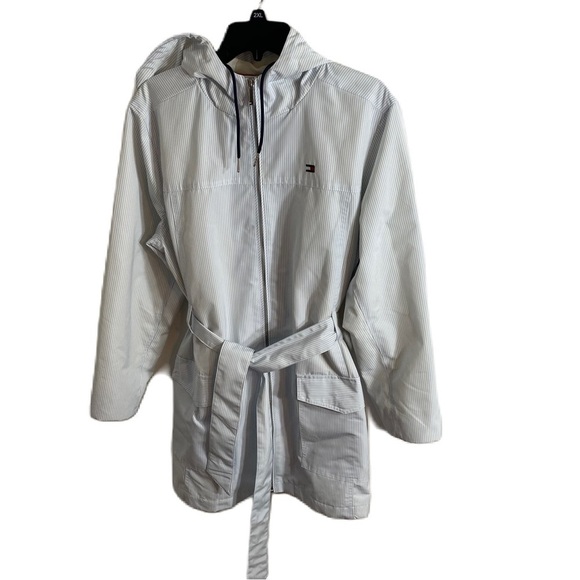 Tommy Hilfiger Blue Pin Striped Hooded XL Belted Women’s Light Spring Rain Coat - Picture 1 of 10
